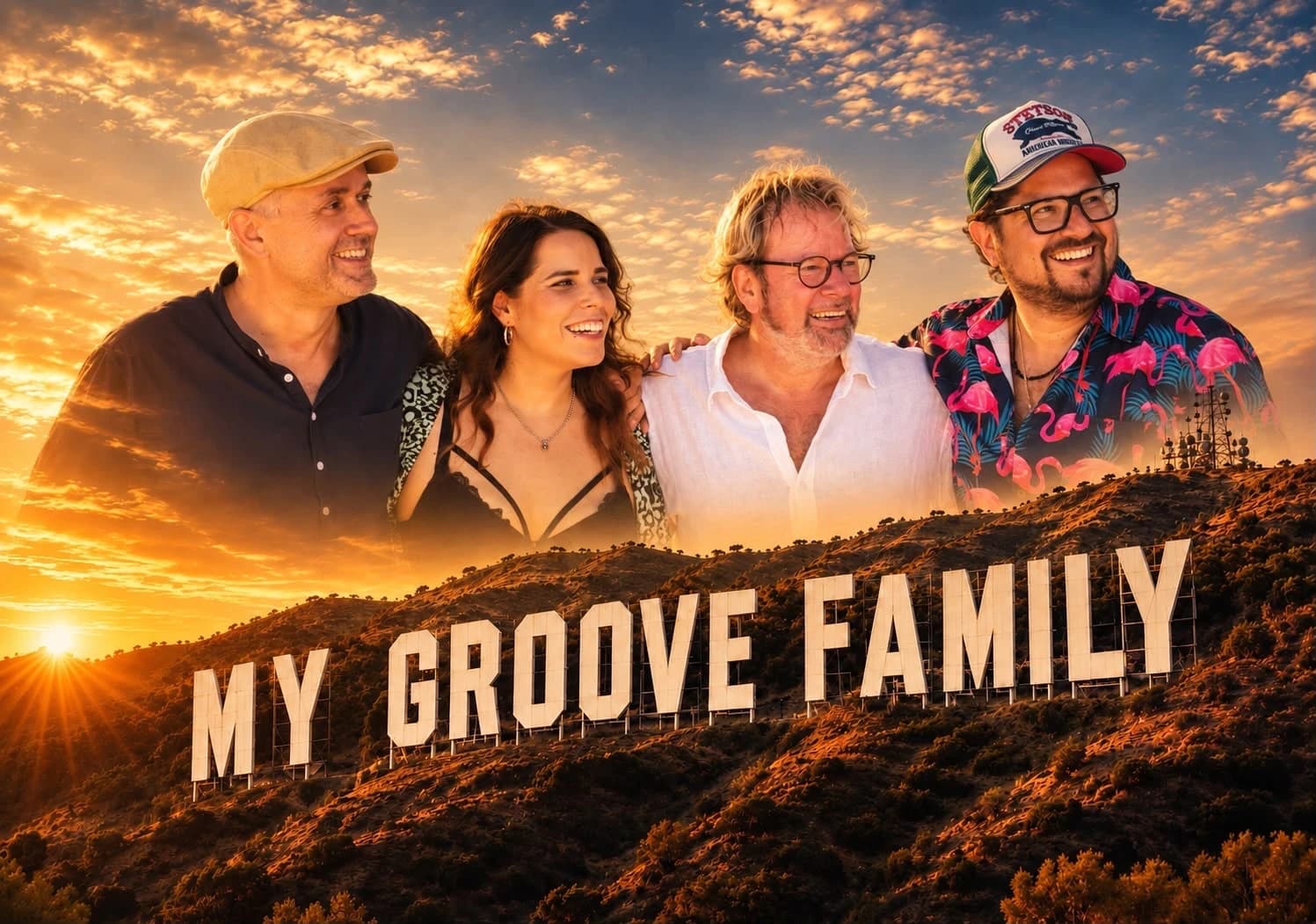 The four members of My Groove Family in front of a sunset